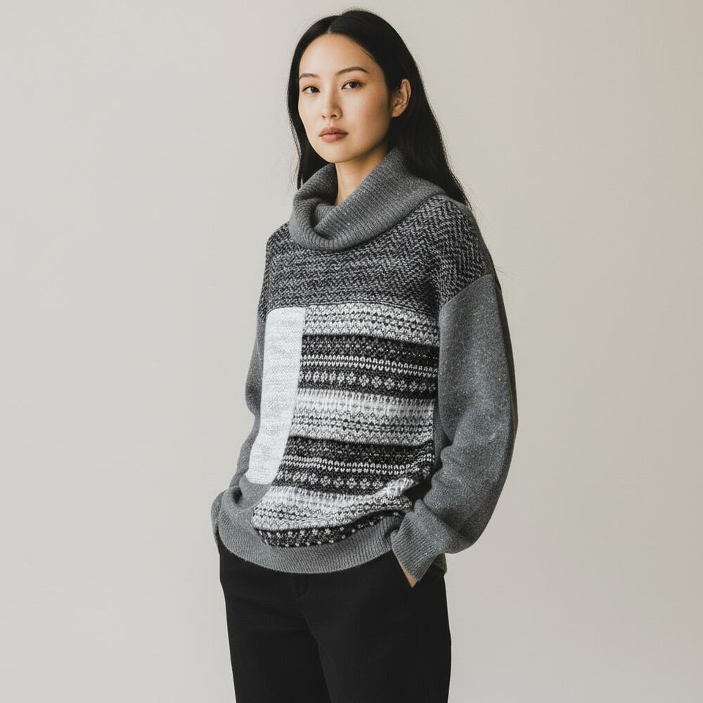 Chaps Gray Patchwork Fair Isle Cowl Neck Chunky K… - image 1